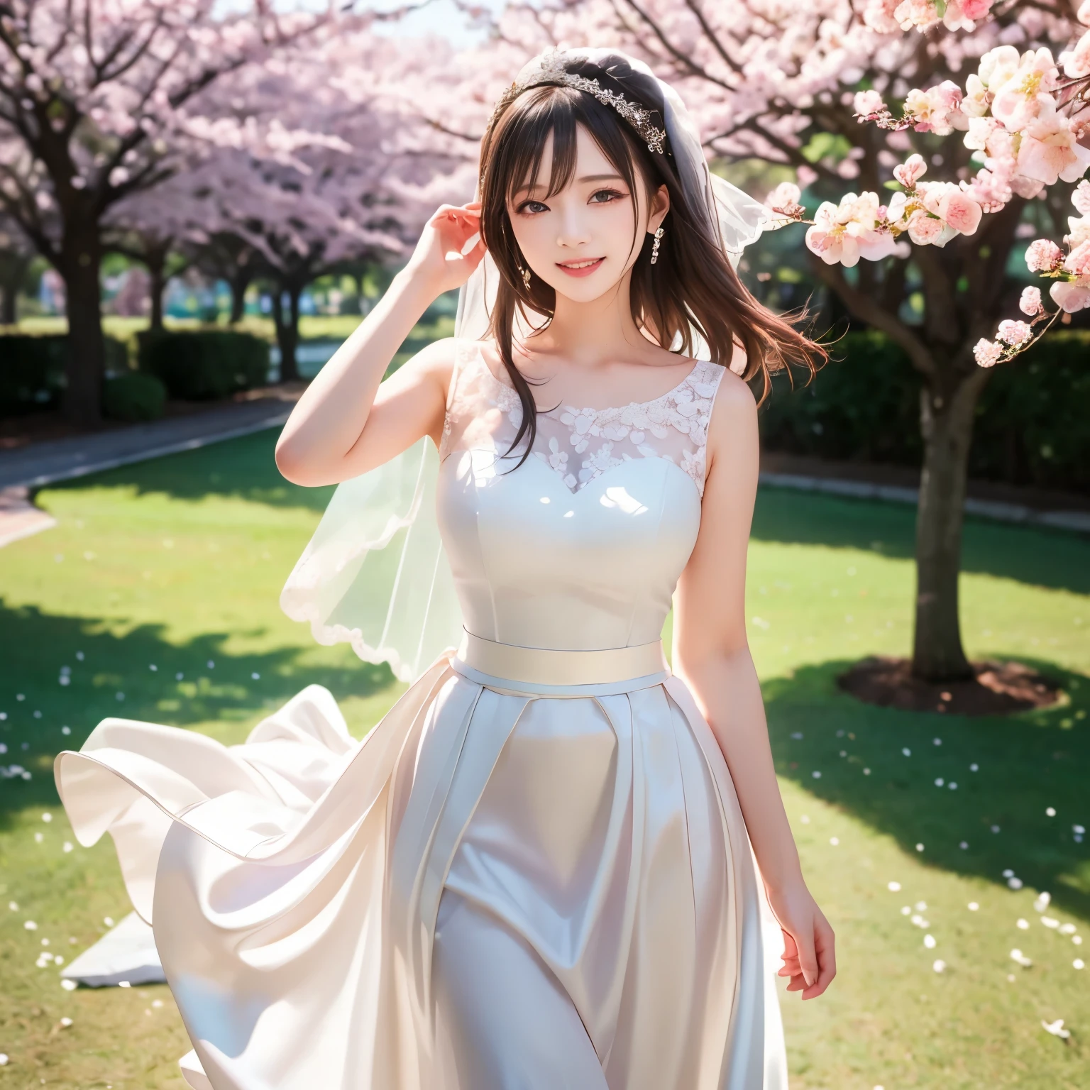 (masterpiece,best quality: 1.4),(8k,raw photo,photo realistic:1.2),shiny skin, detailed skin,detailed face,detailed eyes,Japanese idol,beautiful face,cherry blossom trees, under cherry blossom trees, one beautiful woman, beautiful Japanese woman, well-developed face, model figure, (long hair: 1.2), (transparent wedding dress: 1.3), (happy smile: 1.2), (standing),(wind is blowing her hair and skirt:1.4),