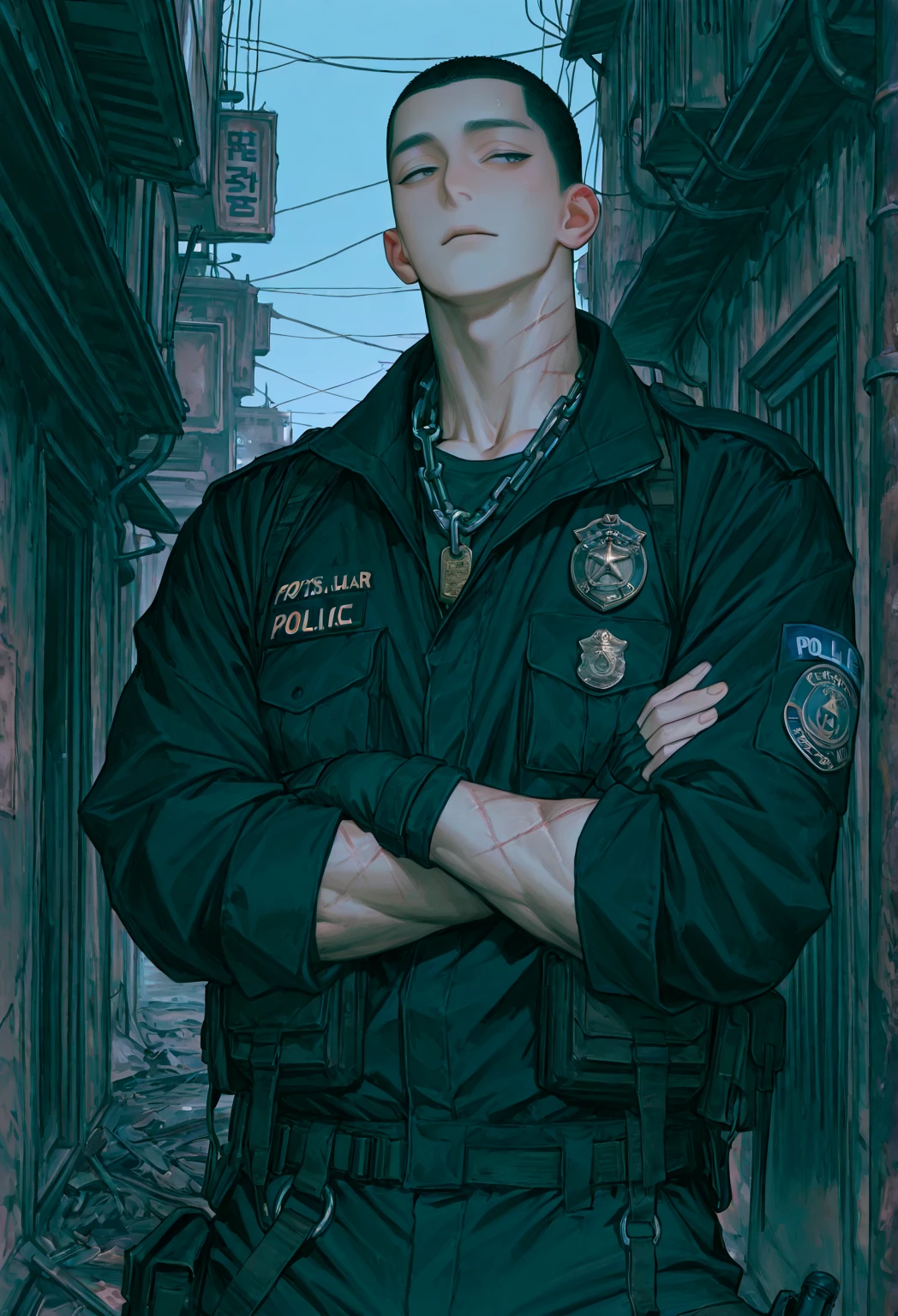 ((((best quality))), (((ultra detailed))), (((masterpiece))), illustration,(Magazine cover-style illustration of a police man in a vibrant outfit), posing in front of a colorful and dynamic background. He has a confident expression, The text on the cover should be bold and attention-grabbing, with the title of the magazine and a catchy headline. The overall style should be modern and trendy, with a focus on fashion and lifestyle), wall paper,crowds,fashion,ray tracing,depth of field, street,in public,day,solo,looking at viewer, glossy skin, contrapposto, necklace, male focus,street,in public,police hat, police uniform, handcuffs, arms crossed, cool, sheriff badge, star \(symbol\), jacket, pants, <lora:wazukyanSageMadeInAbyss:1>, wazukyansage, purple hair, sunglasses, shirt, facial mark,