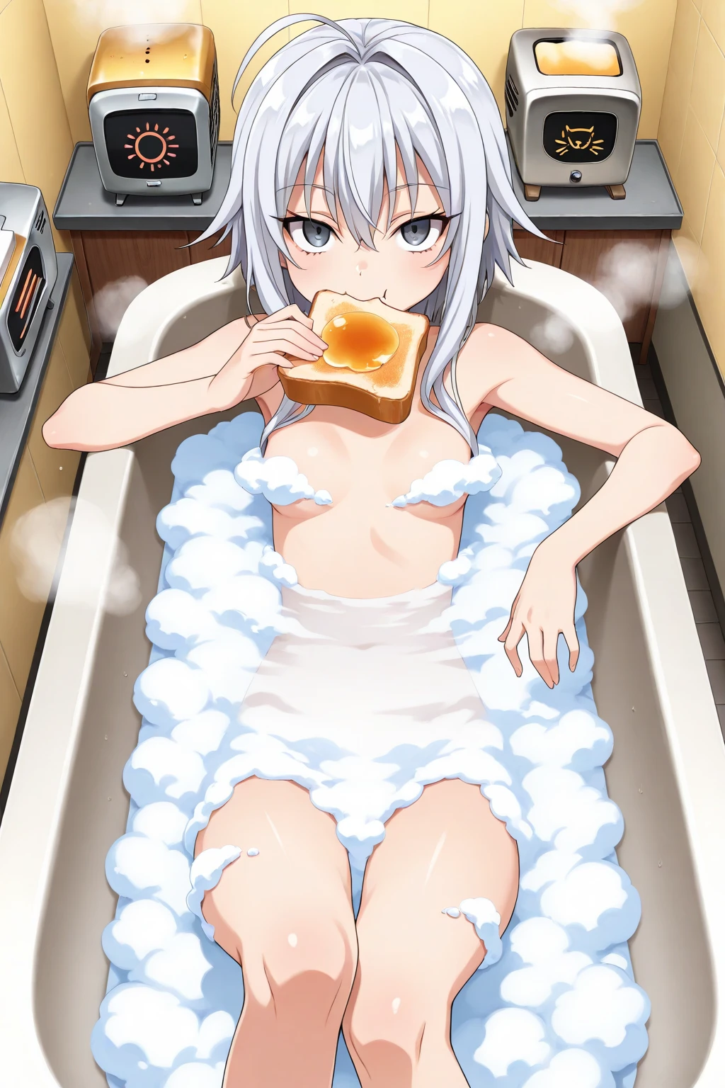 One naked girl、Garbage dump、Being tied up with hands behind back、Light purple hair、Nipples、Pussy、Lying、Expressionless、Have empty eyes、Condensed milk is poured all over the hair、Condensed milk all over the face、The upper half of the body is covered in condensed milk.、Small breasts、Are pregnant