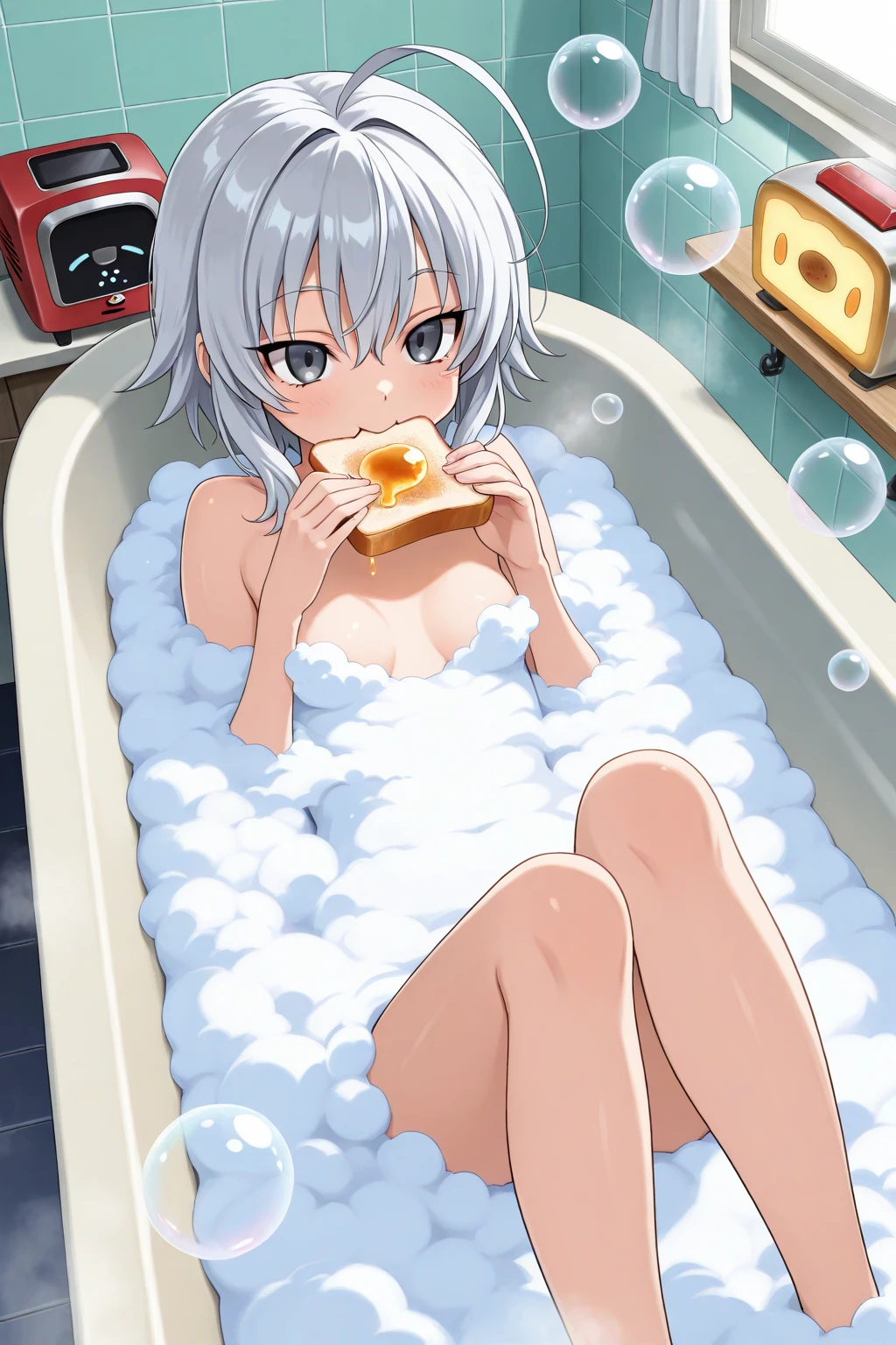 whole body,a girl,Wearing a milk swimsuit,Lying in a bowl of milk,body in milk,Only the head and legs are exposed