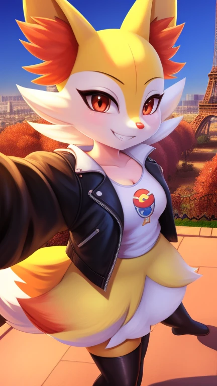Braixen, obra maestra mejor calidad, estilo de arte de misosouperstar, de noche, publico, fondo de la torre eiffel, luz, vestido de gala negro con estrellas blancas , chubby, hermosa, joven, gafas,sonriente, nsfw, pechos medianos, caderas anchas,alegre,sonrisa con dientes,selfie