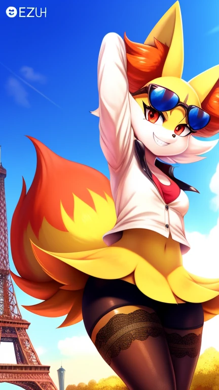 Braixen, obra maestra mejor calidad, estilo de arte de misosouperstar, de noche, publico, fondo de la torre eiffel, luz, abrigo,falda,boina, joven, gafas,sonriente, caderas anchas,alegre,iluminacion hermosa,loli,flashing butt