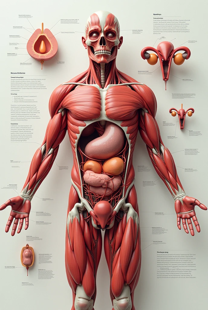 Create an image of a human body with organs visible. The body should be in a pose that suggests it is thinking, with a hand on his chin and an expression of concentration on his face. A imagem deve ser educativa, with a clean and clear aesthetic, adequada para um quiz sobre o corpo humano. Include labels for major organs like brain, heart, Lungs, liver, stomach and intestines.