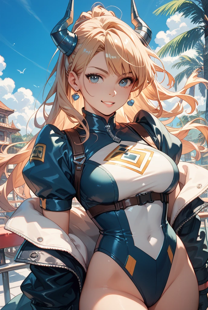 masterpiece,best quality,high resolution,8k,ultra HD,wallpaper,illustration,beautiful detailed eyes,perfect face,cowboy shot,beautiful detailed eyes,extremely detailed face,perfect lighting,extremely detailed CG,perfect hands,perfect anatomy,perfect body,perfect hands,perfect fingers,1woman,full body,,(muscle fighter:1.1),yellow medium hair,(green eye and red eye:),large breasts,Medium ass,medium nipples, yellow treasure suit,yellow hot pants,clothed,looking at viewer,sexy look  pose,cameltoe,Steam,Wet,sweat,1person,