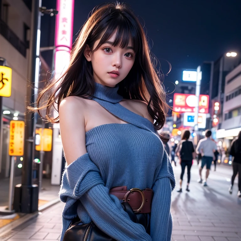 1girl, Tokyo street,night, cityscape,city lights, upper body,close-up, 8k, RAW photo, best quality, masterpiece,realistic, photo-realistic, Bule eye:1.2, front cover,