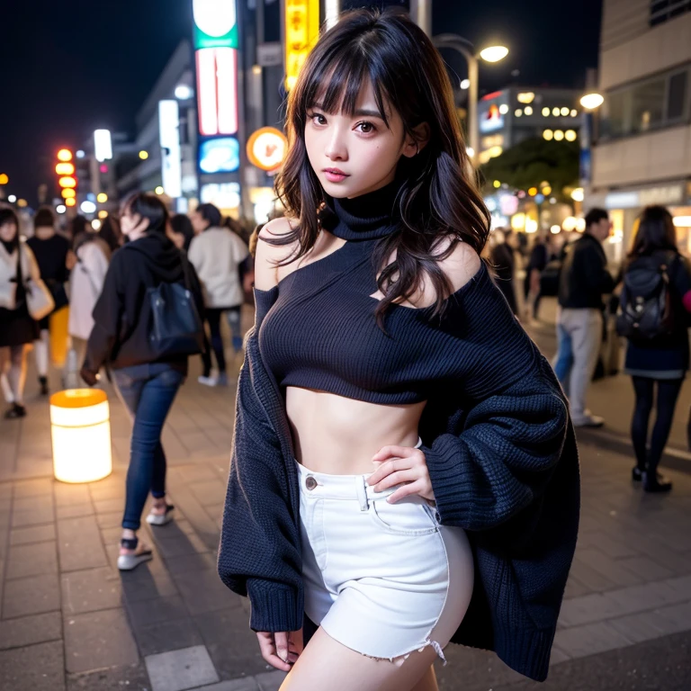 masutepiece、top-quality、20 years girl、Beautiful detailed girl、Smile、Black short hair、Highly detailed eyes and face、Beautiful detailed eyes、radiant eyes、with round face、Well-formed and cute face、small head、hight resolution、A highly detailed、sexy pose、Illustration、super detailing、masutepiece、fur-coat、Sweaters、Black miniskirt、Light black tights、large full breasts、Colossal tits、Photograph the whole body、In the street、Blur the background
