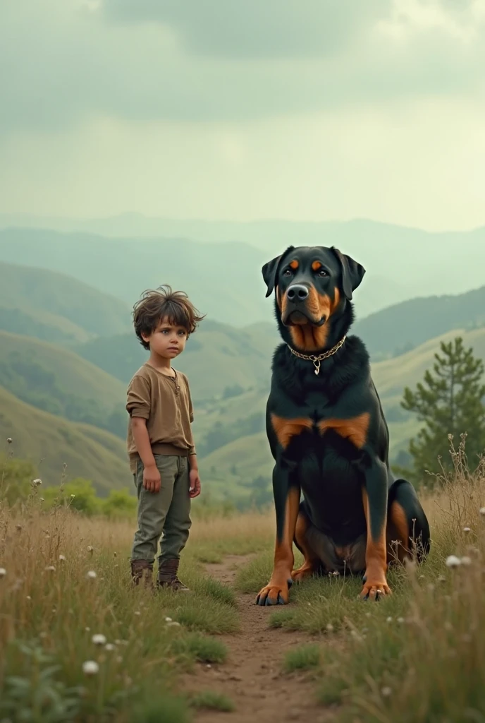 there is a boy with a beautiful smile sitting next to a rottweiler on the sidewalk, by Alexander Fedosav, portrait shot, portrait, beautiful surroundings, pets, powerful detail, pet, classic portrait, cute, sharp detail, child, cute boy, true realistic image, close-up portrait photo, detailed portrait photo, incredibly composite image, by Scott M. Fischer, family photo, incredibly realistic
