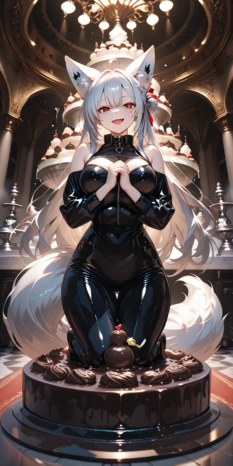 Make a full body character with 2D graphics based on current anime 4k-8k The character is 22 years old. Mature body with big breasts and curves. Eyes red, white cat ears, long white hair down to the ankles. Cat's furry tail. The outfit is a mix of traditional Japanese kimono, Qipao chines stylized in a cyberpunk way. The colors of the clothes are predominantly white with details of blood red and gold.. With sock 3/4 black and white, sandalhas ninja estilo cyberpunk.