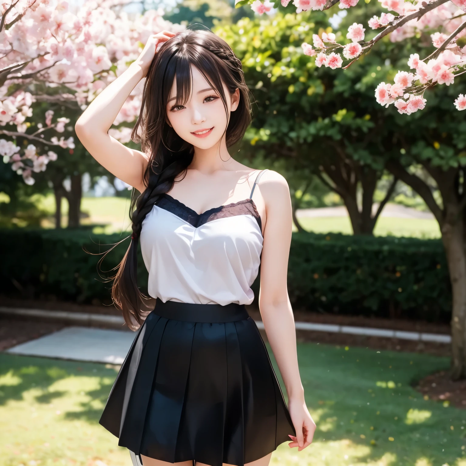 (masterpiece,best quality: 1.4),(8k,raw photo,photo realistic:1.2),shiny skin, detailed skin,detailed face,detailed eyes,Japanese idol,beautiful face,cherry blossom trees, under cherry blossom trees, one beautiful woman, beautiful Japanese woman, well-developed face, model figure, (long hair: 1.2), (camisole, mini skirt, black knee-high socks: 1.3), (happy smile: 1.2), (standing),(wind is blowing her hair and skirt:1.4),お母さん,母さん,お母ちゃん,母ちゃん,母親,母,ママ,mother,mothers,mother's,mom,moms,mom's,mum,mums,mum's,三つ編み,三つ編,braid,braids