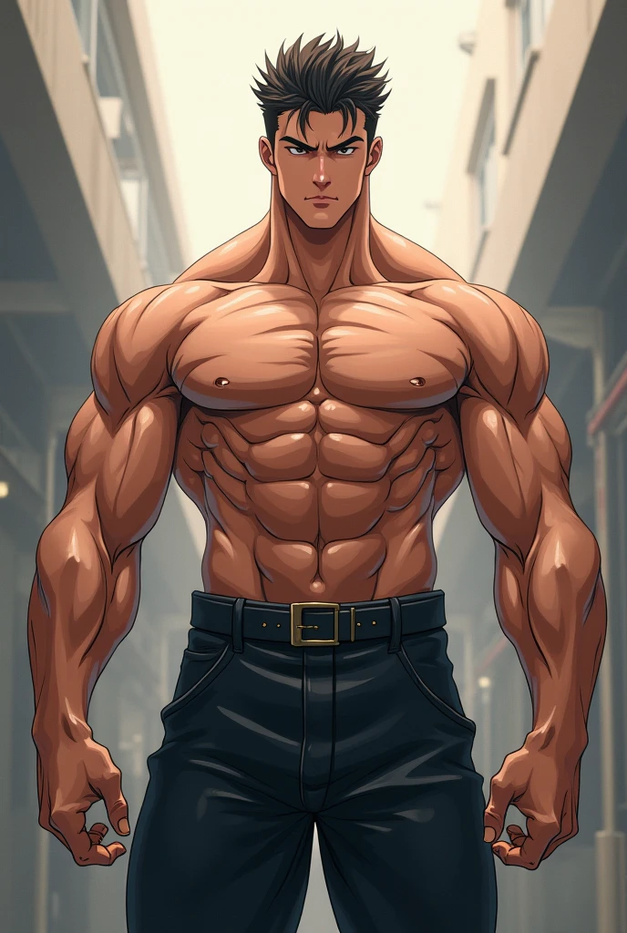 ((the best quality)), ((Masterpiece)), (details), perfect face, high definition, Masterpiece,4k,details clearly, Handsome face, white skin, perfect body, male body, strong muscles, abdomen, blue eyes, white skin, The most handsome man in the world, handsome, The coolest face, Male characters, close image (1man, shirtless), young man, mischievous smile, Extremely muscular tall man, open your eyes ((detailed eyes)), huge, muscular body and Massive, bulging pecs, muscular abs, narrow waist, short hair, blue eyes, delicate big eyes, carefree expression, clear face, handsome (detailed face, perfect face) ((extremely realistic shadows, bodybuilding posture, human, ((22-year-old young man)), V shape, Shirtless, Sunlight, New York City, lower pants, topless, close up look, CG sense, Textured skin, the best quality, Storytelling images, lower your pants, show Panty line, Show your abs, show arm muscle, Black hair, shining blue eyes, eyes contact, high school jeans, crystal rings, leather belt, suspender, shirt off, ((shirtless))