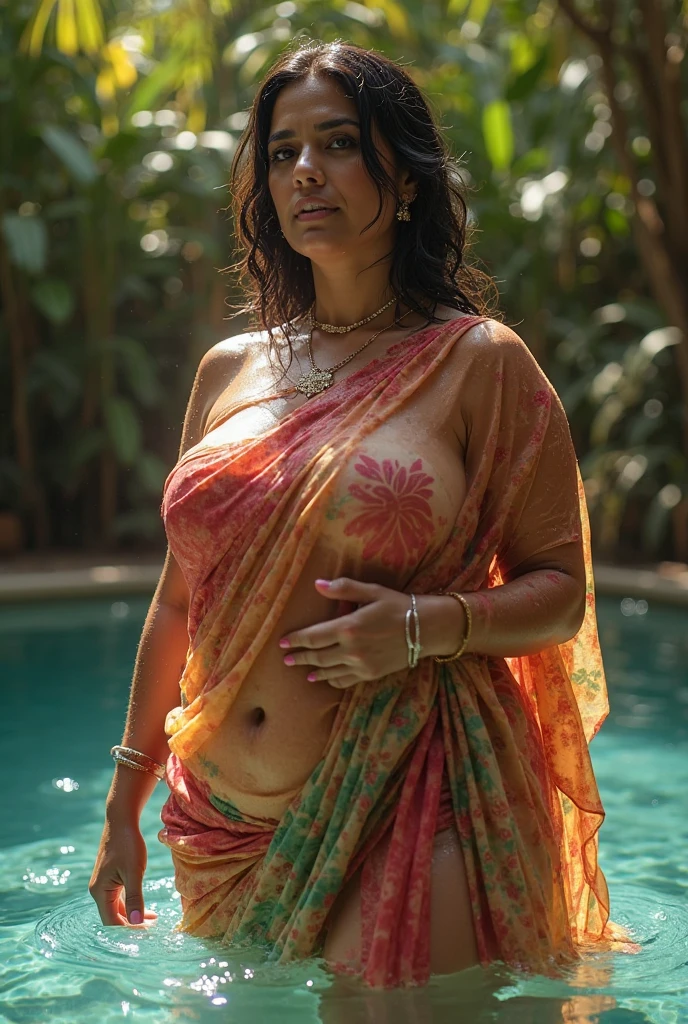 a very short curvy smiling indian girl with huge saggy mature breasts wearing trendy googles and gorgeous intricate traditioinal saree and embroidered lacey blouse at a flower garden during golden hour, warm backlit dreamlike atmosphere, soft cinematic focus, anamorphic lens flares, masterpiece, by zack snyder,
