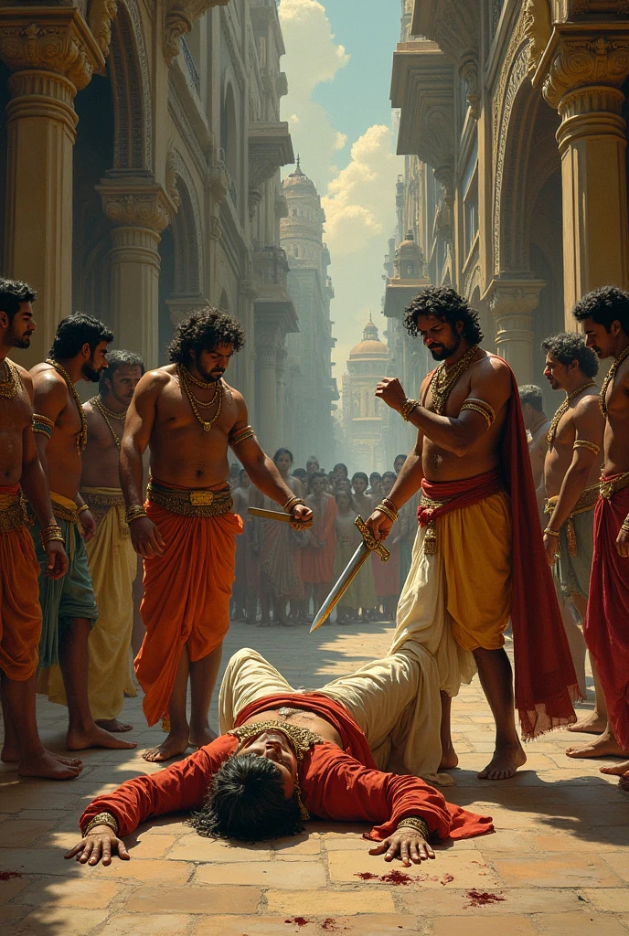 A common poor man killing hindu king using sword in front of large public in open ground