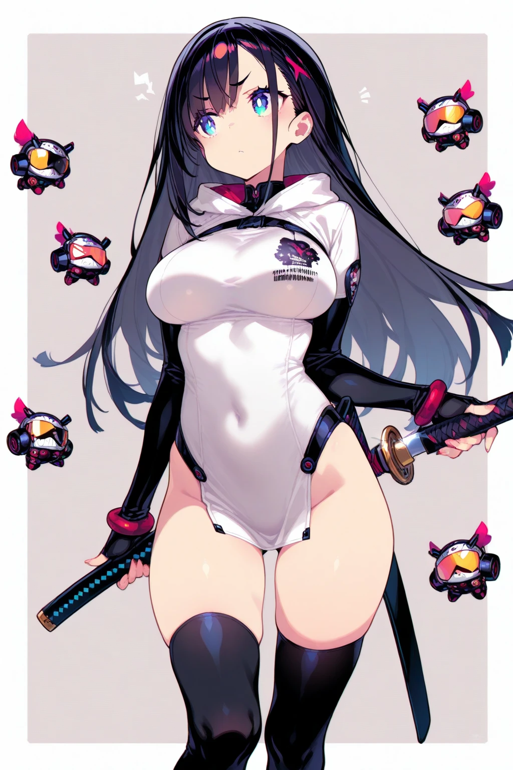 whole body,Standing posture, (alone,Beautifully arranged hair,Hime cut,Black Hair,Long Straight Hair,) (One girl, Normal milk), (beautifully drawn face:1.2) (Plug Suit:1.3,Black clothes) smile,Cool pose,(White background) 