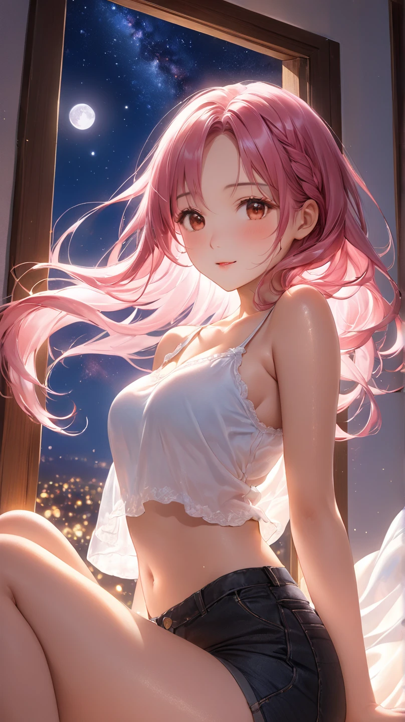 ((Noite、beautiful illustration、qualidade superior、Menina fofa s))、quarto、Um cabelo rosa、Okappa Cabelo、(((Assistente Rosa)))、(((Camisola rosa)))、mangas curtas、tamanho normal、um umbigo、Turn the skirt with your hands、(((mostrando calcinha branca)))、Puxe a saia para cima,(((The Revelation Panties)))、Perna nua、e Olhos Azuis、nas camas、Coxas encantadoras、coxa brilhante、(((NSFW)))、Seios nus, mamilos, no-bra