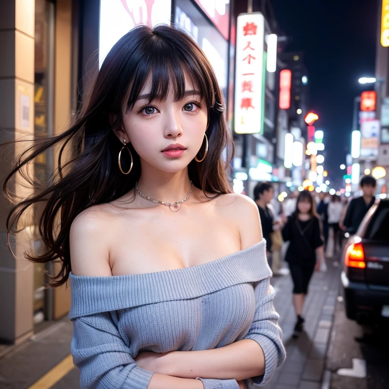 Garter Stockings、Cinema Lighting、(Front 45 degree angle), Accurate human body、(Accurate 5 fingers)、RAW Photos、 4K - ultra-vivid、Highest quality, masterpiece, Ultra-high resolution, (reality: 1.4)、Background Blur、Beautiful Eyes, Perfect face and eyes、(((Off-the-shoulder knit dress)))、Hair quality and shine、nightの渋谷、Busy Street、 (night:1.8,) , Early teens, Checked mini skirt, Earrings,necklace、 Are standing , (((Small breasts:1.3)))、Long Hair、 (Gray Hair:1.2)Blonde, Asymmetrical hair, Wavy Hair、Messy Hair、Purple Nails、Spanish、yukata