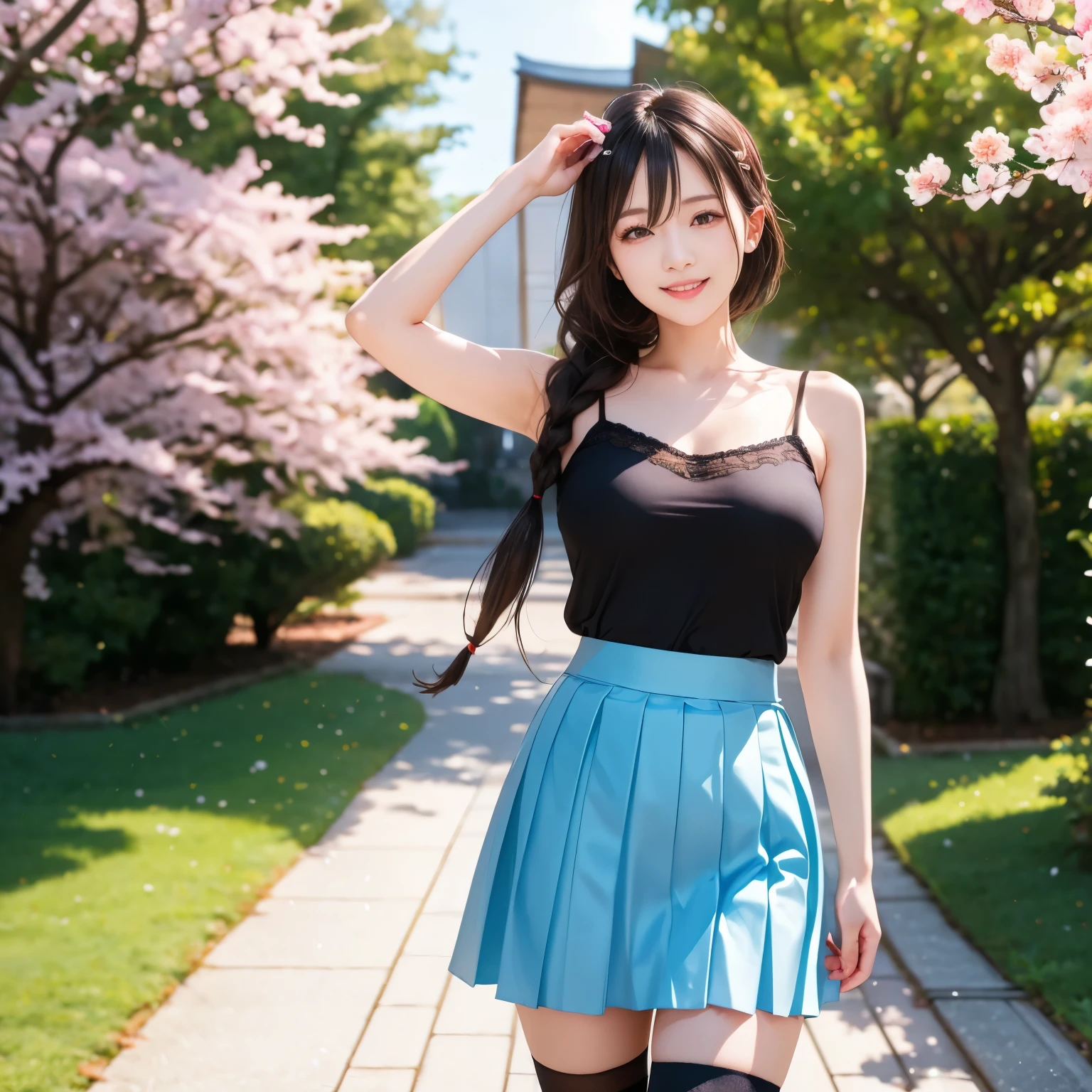(masterpiece,best quality: 1.4),(8k,raw photo,photo realistic:1.2),shiny skin, detailed skin,detailed face,detailed eyes,Japanese idol,beautiful face,cherry blossom trees, under cherry blossom trees, one beautiful woman, beautiful Japanese woman, well-developed face, model figure, (long hair: 1.2), (camisole, mini skirt, black knee-high socks: 1.3), (happy smile: 1.2), (standing),(wind is blowing her hair and skirt:1.4),お母さん,母さん,お母ちゃん,母ちゃん,母親,母,ママ,mother,mothers,mother's,mom,moms,mom's,mum,mums,mum's,三つ編み,三つ編,braid,braids