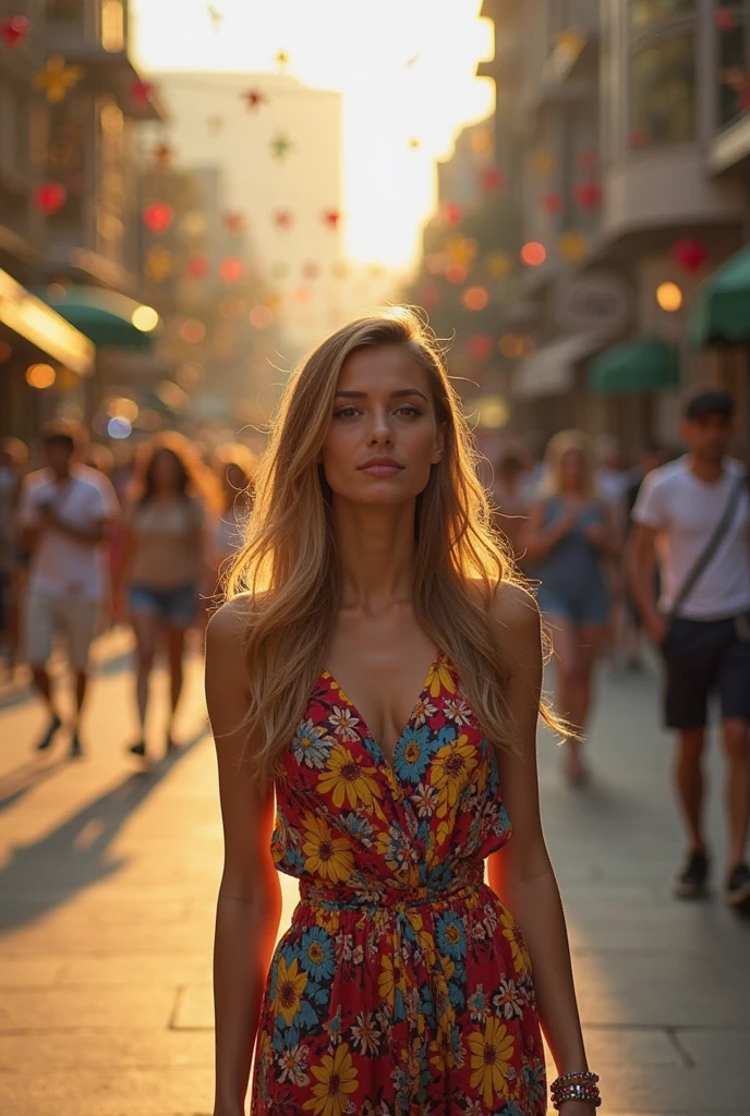 a beautiful young woman with fair skin, dressed in a casual yet fashionable maxi dress, standing on the famous Brooklyn Bridge. The soft evening light of the setting sun creates a magical atmosphere, illuminating her figure and highlighting her joyful expression as she gazes at the skyline