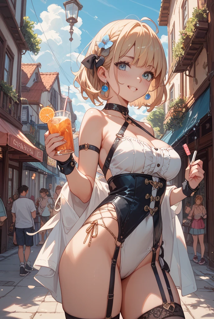 blonde hair, mismatched pupils, cat ears, Tonalism, Art Nouveau, cinematic lighting, ray tracing, reflection light, Fujicolor, from above, f/1.2, Fujifilm, UHD, retina, textured skin, super detail,Chinese girl,Raised sexy,Lace lingerie big breasts,Urban night background,Beer bottle in hand