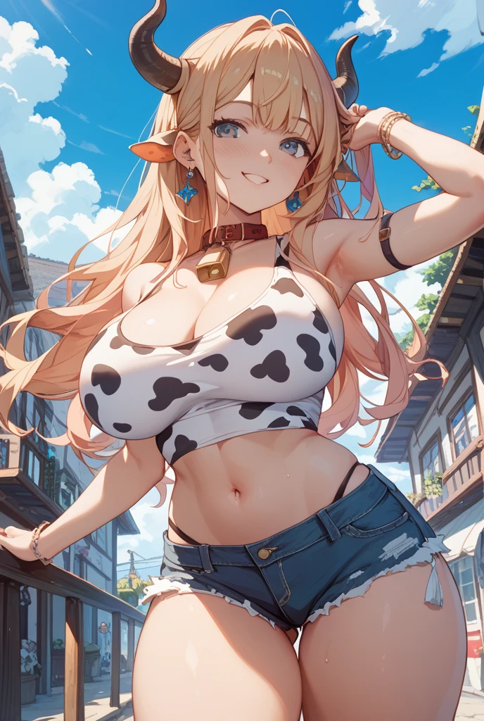 (highest quality:1.2), One girl, (masterpiece:1.2), Ray Tracing, Super detailed,Detailed face, 8k wallpaper, Tight waist, Wide Hips, smile, Outdoor, Lucoa Dragon Maid_NDV, One girl, Multicolored Hair, Blonde, Huge breasts, Long Hair, horn, Denim shorts, Tank top, Black knee socks, Variegated eyes, Baseball cap,  (Green Eyes, Close one eye:1.2)、Sex