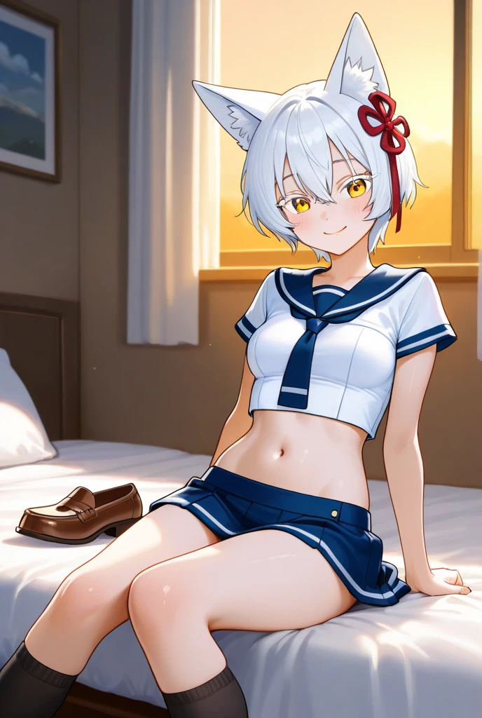 ((Masterpiece)), (Best Quality: 1.7), (detail: 1.4), (High resolution: 1.4), 8K, (color: 1.5), 2D, High resolution, Sharpen image, 4K, HD, neferpitou_hunterxhunter, 1 other, solo, red eyes, white hair, tail, white socks, animal ears, curly hair, hair between eyes, medium breasts, hermaphroditous, short hair, cat ears, blue sailor suit top with navel exposed, cat tail,  (((white calf socks)), (narrow eyes), ((slim)), long legs, :3, short skirt, movie lights, (proud)), ((adult characters)), sitting, looking at the audience, front, full body, sneakers