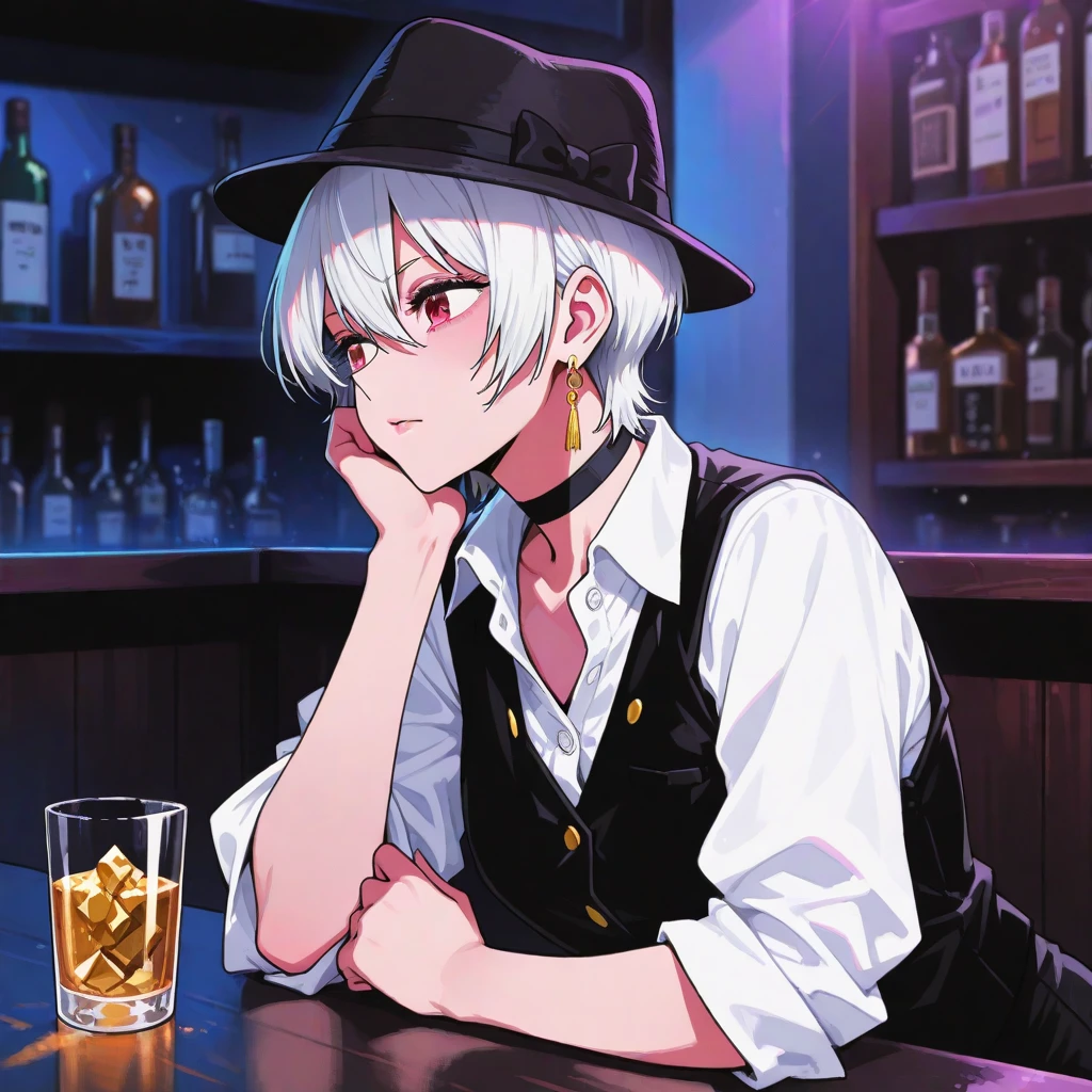 anime styling, young pale white-haired man, fleshy lips, gray eyes, Neck tatoo, piercings na boca, wearing a loose jacket, image up to the chest, sitting at a bar table drinking a glass of beer, background scenery a bar with lots of colorful lights