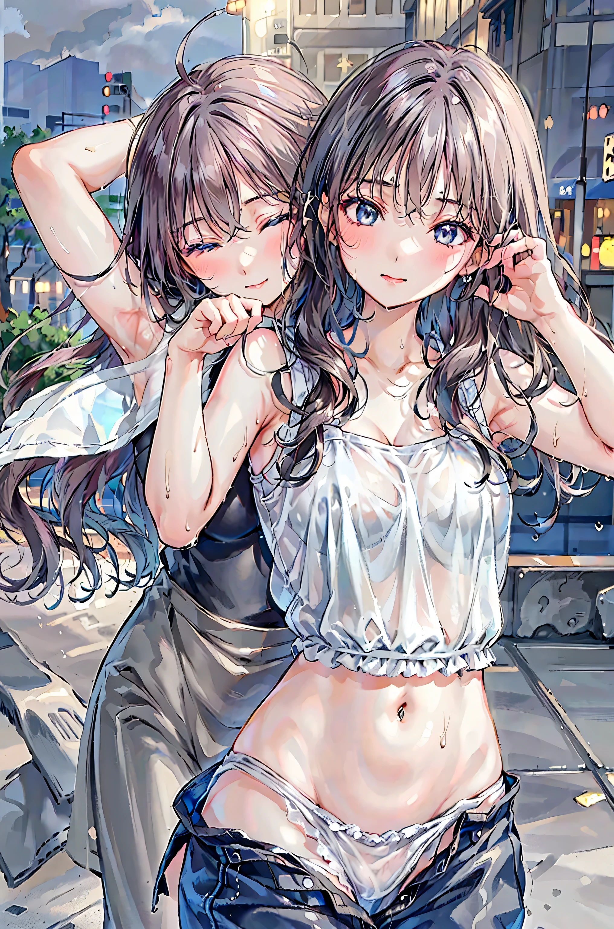 masterpiece, Highest quality, High Resolution, HS1,blush、smile,NSFW、Balcony、Hide your chest、See-through white underwear、Cover your crotch with your hands、Big Breasts、Twin tails,rain