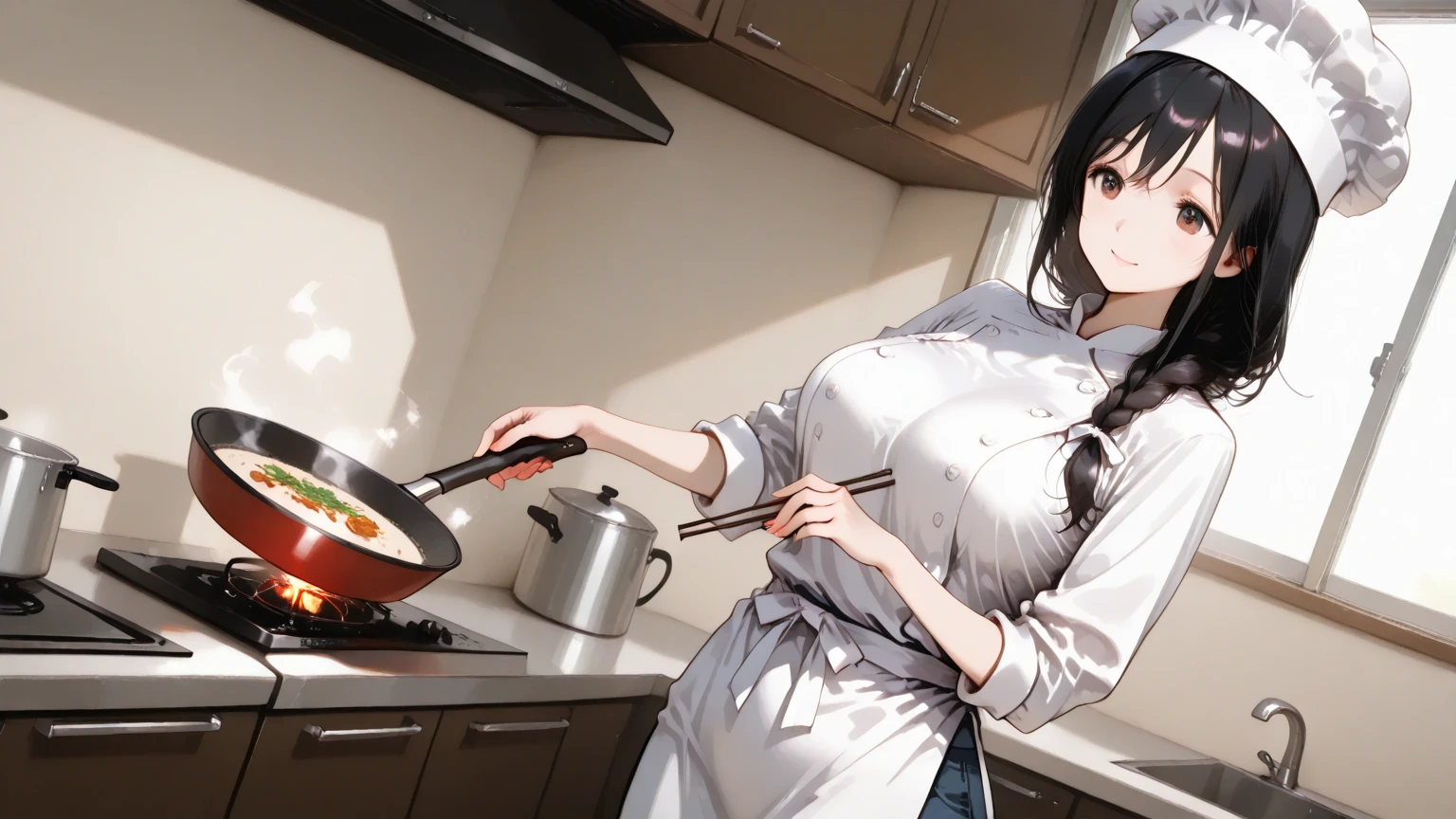 1woman, pale white skin,(chef outfit), black bun tied hair, chef’s hat, hourglass figure, from behind pov