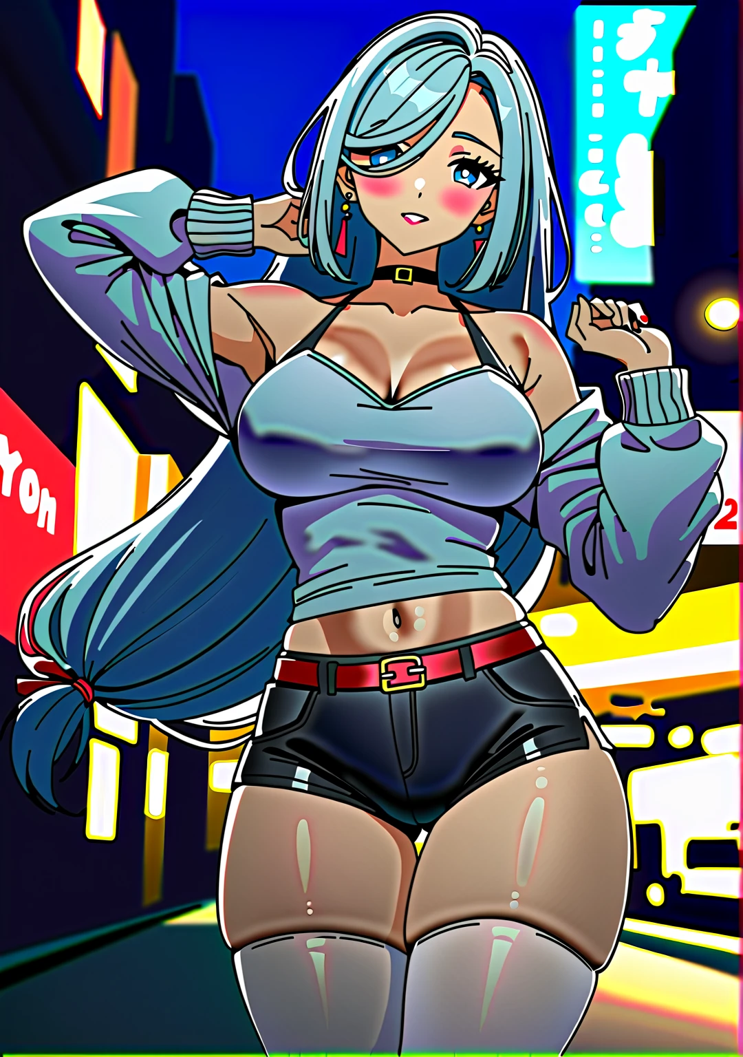1girl, , , blue hair, neko, cat ears, cat tail, white shirt, open clothes,,white background ,full body,breasts
