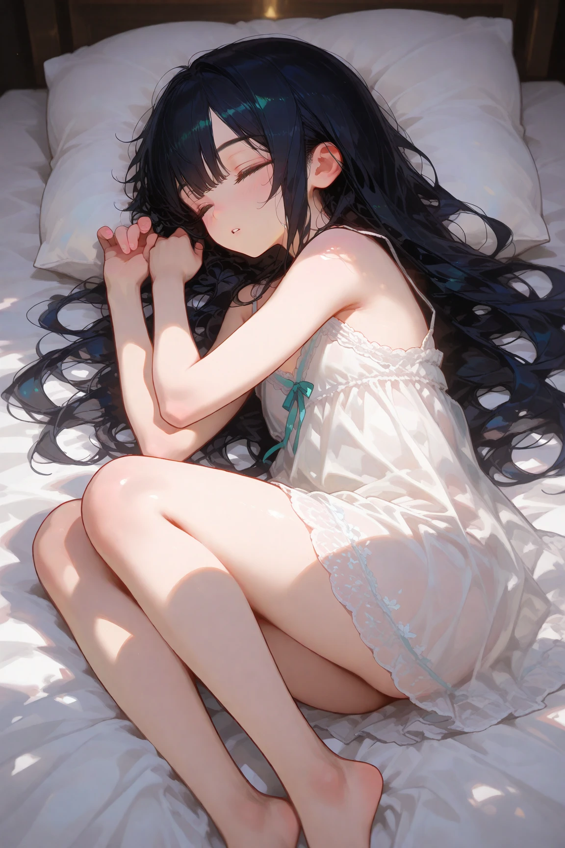 high angle, looking at viewer, looking ahead, from above,cowboy shot,1 girl ,Lying in bed,Beautiful girl at 13 years old,Japanese,,,Small and slim,Flat Chest,Small breasts,Baby Face,Small face,Black Hair,Row Twin Tails,Grey Eyes,middle School girls,Sheer sexy nightgown,lingerie,open mouth,tongue out,Beautiful and detailed anime art,puzzled look,Sexy vibe,cum on tongue,Dark Room,