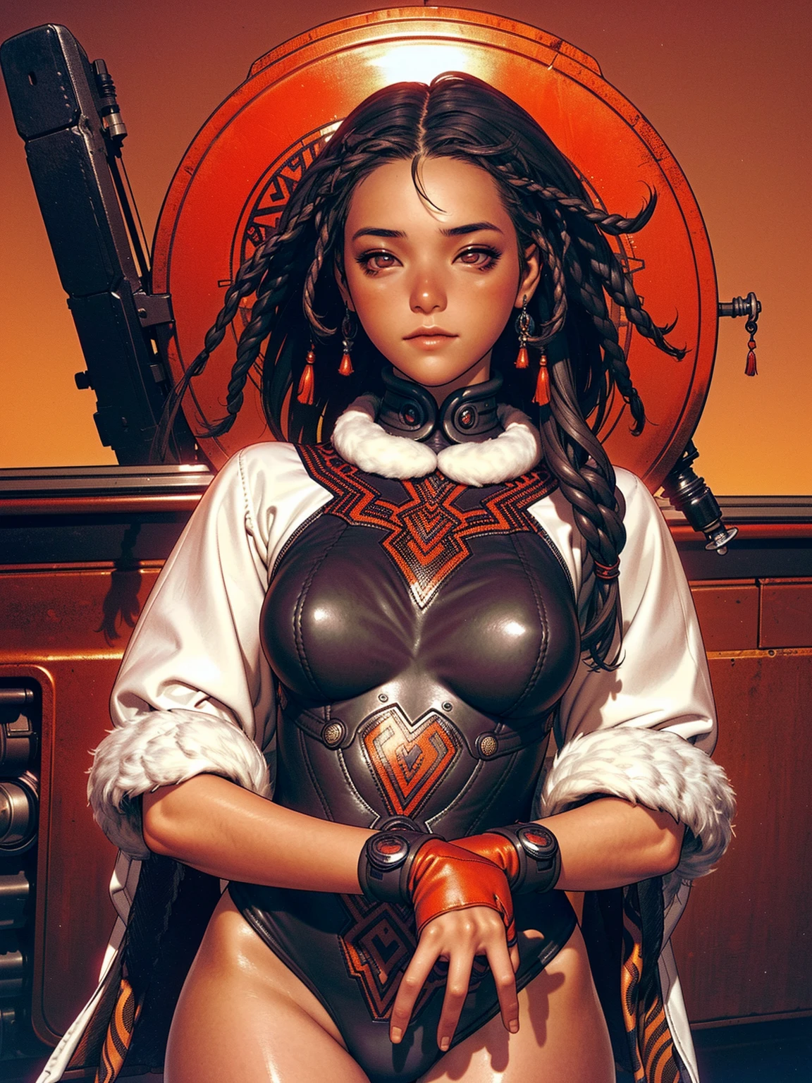 (((Ebony))), (((best qualityer: 1.4))), (((Afro))), (((DuneWalker))), (((post-apocalypse))), (Unbeatable masterpiece), (hiper HD),(CG 8k hyper-realistic), (((breasts big))), (((hyper feminine))), sensuous girl, (bob hair with straight bangs), ((( sculptural body ))), (((1 girl))), 20 year anime girl with perfect body, Beautiful and well-groomed face, slanted eyes, muscular body:1.2, costume with textured details in pixel art, (Head to thigh photoodern samurai pants, Complex equipment, rot, cerulean, yellow, orange, Violette, long pants,Tight, dark clothes,With white stars and white stripes, Metal parts in armor, afro girl, (((standing alone))), pirralha violent, (((14歳))), sensuous, pose de atitude, work of art, post-apocalypse, (((manga style))), Bounty Hunter, violent, Manic, the way you want, slenderbody, thin but strong, perfectbody, roupa moderna, Advanced technology, short shorts with checkered pattern in red and black, fur collar jacket, sleeves with vertical striped pattern, neutral background