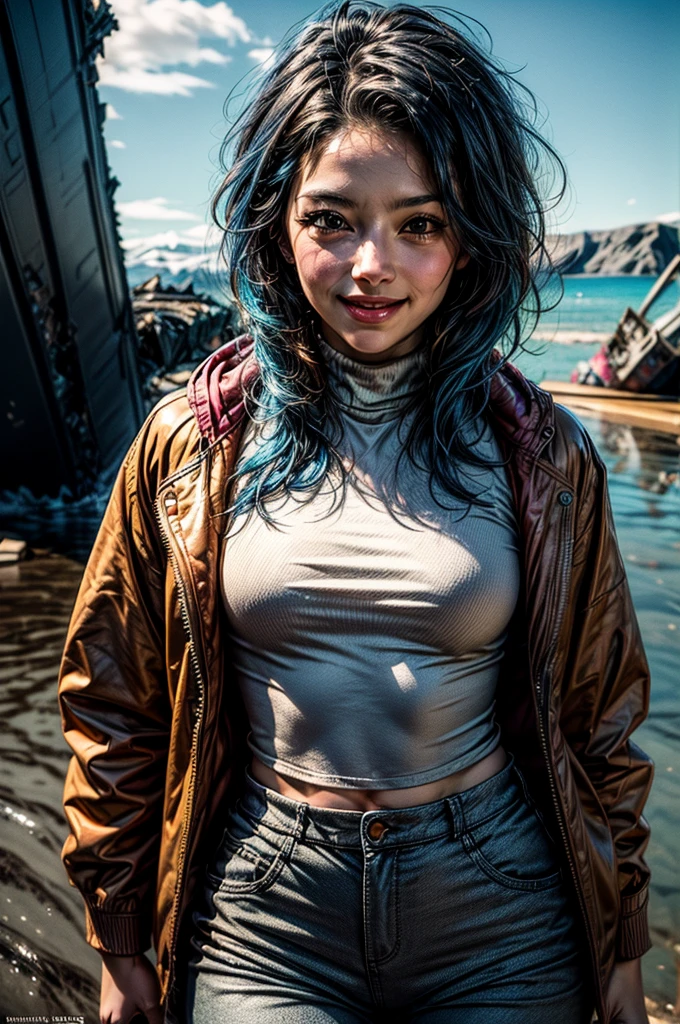 ultra realistic (with huge waterfall in the background) photograph of a 20 year old woman, perfect face, masterpiece, GOOD, underwear, negro_GOOD, jacket, negro ((open panties)) , front shot, front view walking, spectacular lusco, I have blue hair (red highlights.) 