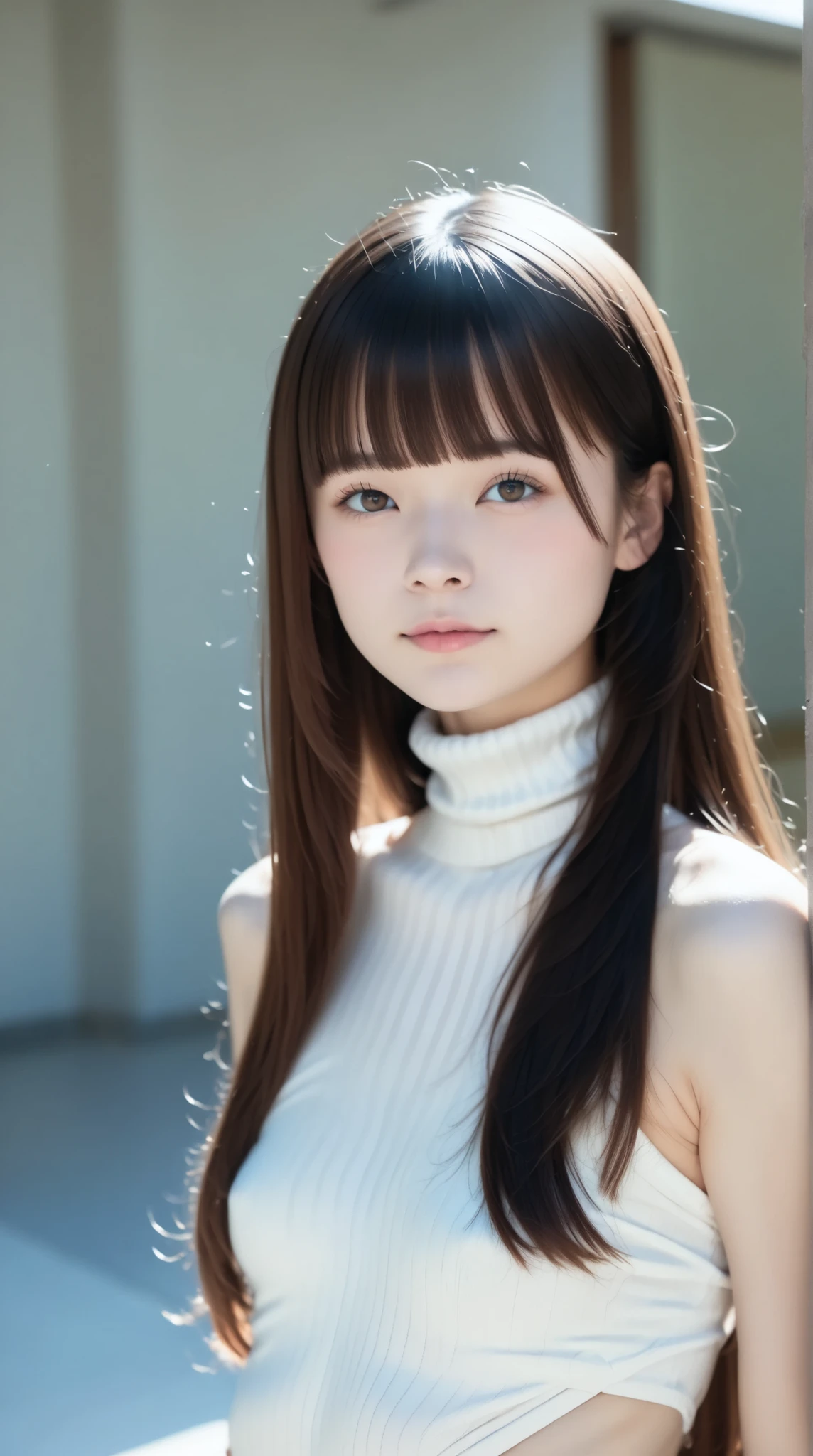 top quality、masterpiece、 Original photo 、 Surrealistic 、film grain、Perfect Anatomy、(((to get a healthy and slender body, long hair, bangs)))、 ugly look 、small breasts、Turtleneck Knit、