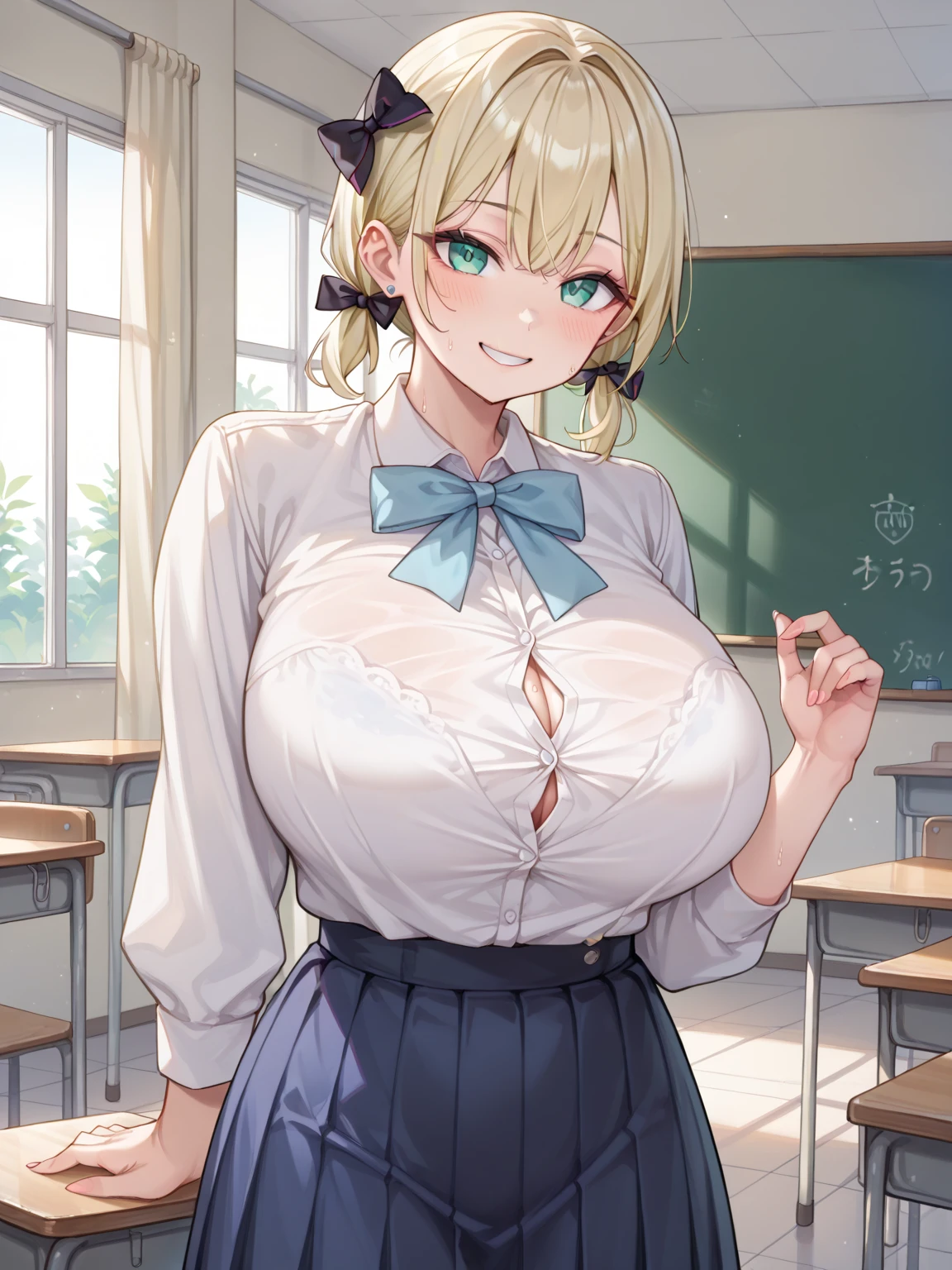 ((Very fleshy young woman))
((huge breasts))
((Very thick thighs))
(Tall)
(cleavage)
(Short Blonde side ponytail hair)
(Blue eyes)
Standing
(((Shoot from front)))
(((photograph the whole body)))
(Japanese school uniform)
(white (business) shirt)
(Black mini-skirt)
Japanese 
Background (Kyoto city)