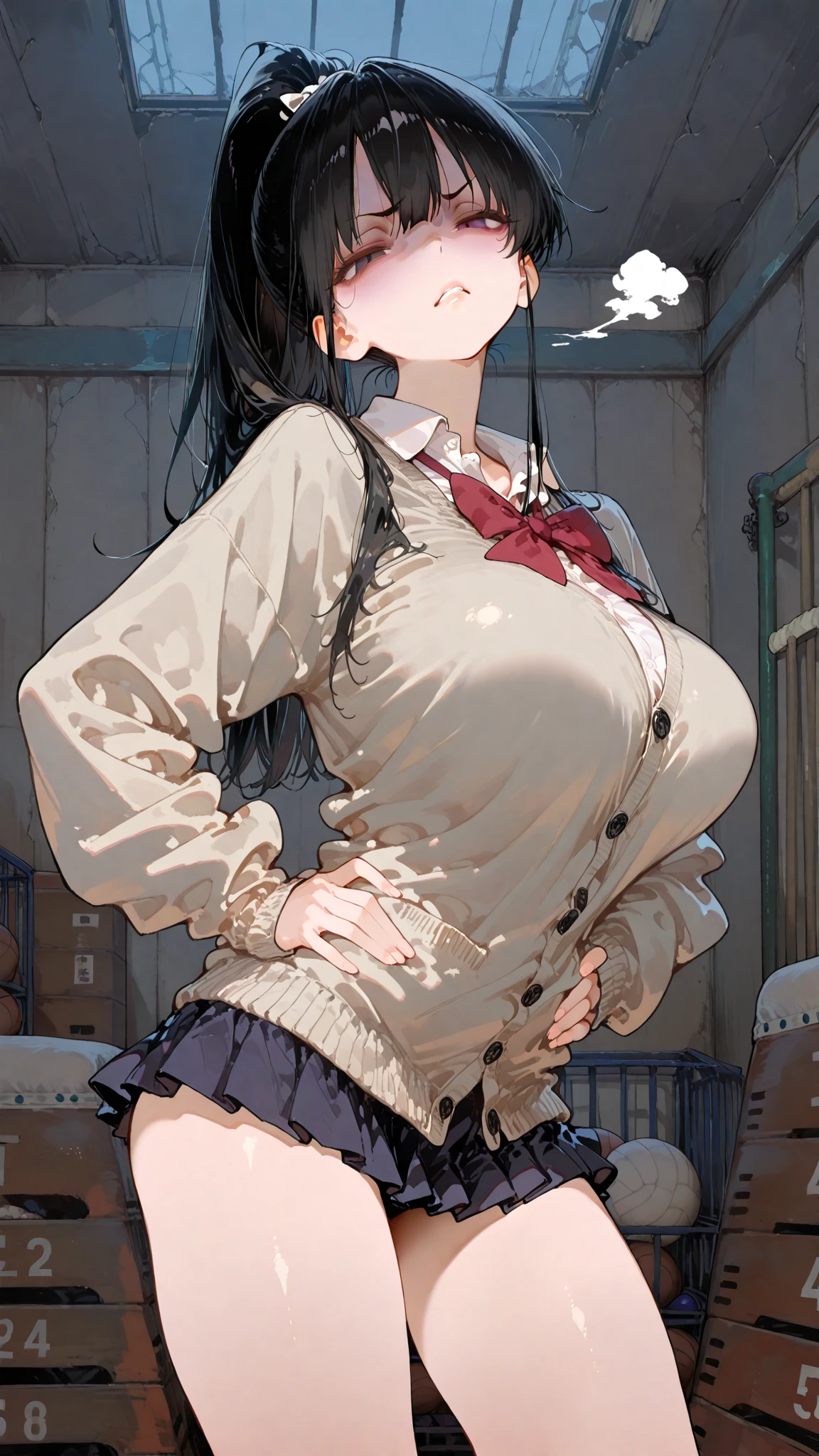 One girl, highest quality, Super detailed, masterpiece, Ultra-high resolution, 8k, Ridiculous, Cowboy Shooting, Focus on the girl, Embarrassing, blush, Lovely, Close one eye, With tears in her eyes and her mouth open, What saliva leaves behind, Sticky Clothes, (Off shoulder pink nurse uniform),   cleavage, Bulging of the vibrator cord, Vibrator with Garters, Classroom Background, (Videl), medium breasts, Black knee socks,Thighs,Waistline