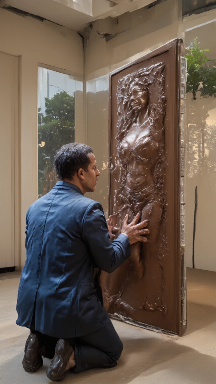 A girl and a male museum worker talking about a cheetahs in front of its statue at the Nature and wildlife Museum.