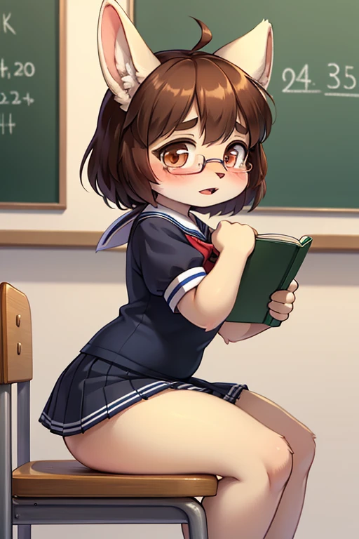female teacher(36 years old、Brown Hair、tall、Big Breasts)and female student(12 years old、Red hair、Flat Chest、Small children)Quarrel、Angry expression、Glare、Nipples、classroom、Taking off underwear