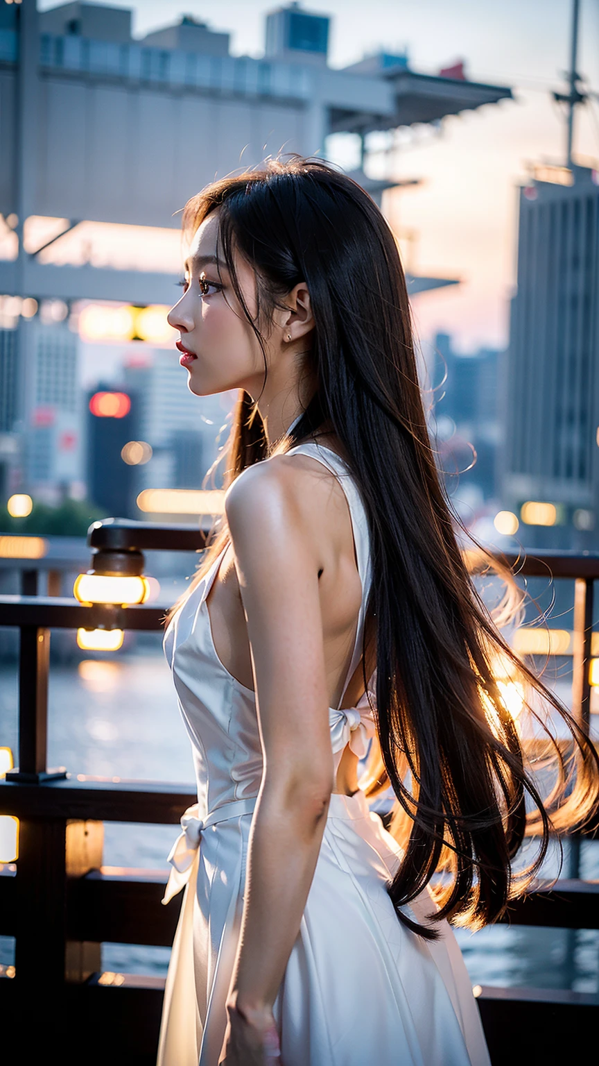 female pervert,19years old,happy laughing,Long black hair,white dresses,The back of the hand is behind the back
