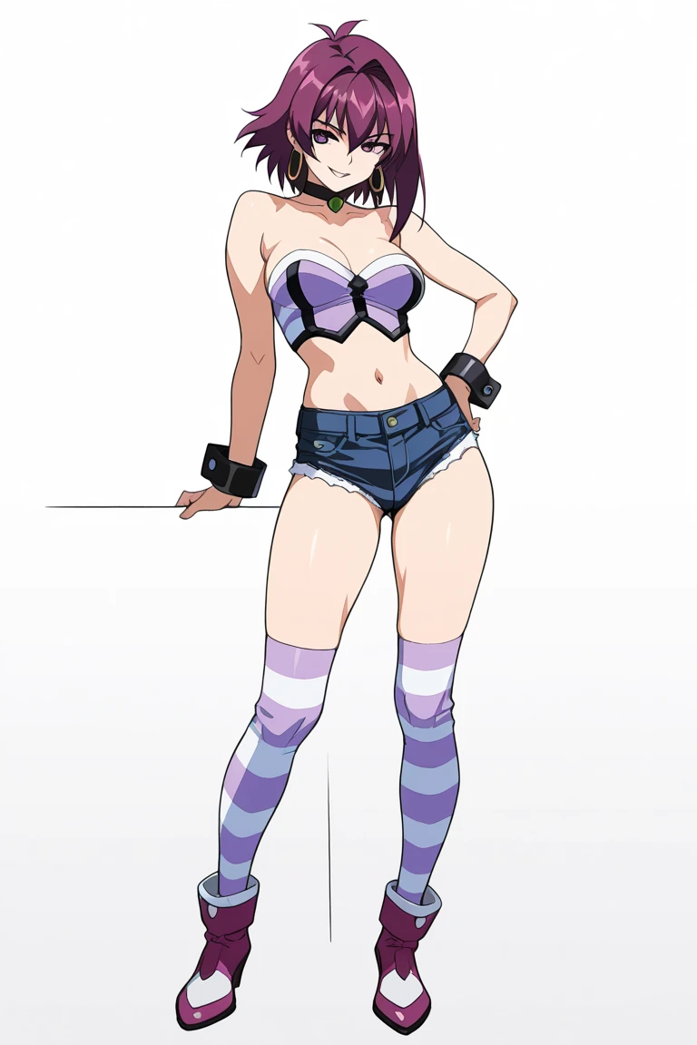 <lora:marika_kusaka_2024_2_3:1>\marika_kusaka\,multiple typle pose, 1girl, solo, breasts, midriff, cleavage cutout, ponytail, clothing cutout, cleavage, long hair, purple hair, crop top, navel, jewelry, open mouth, necklace, medium breasts, bare shoulder..fullbody