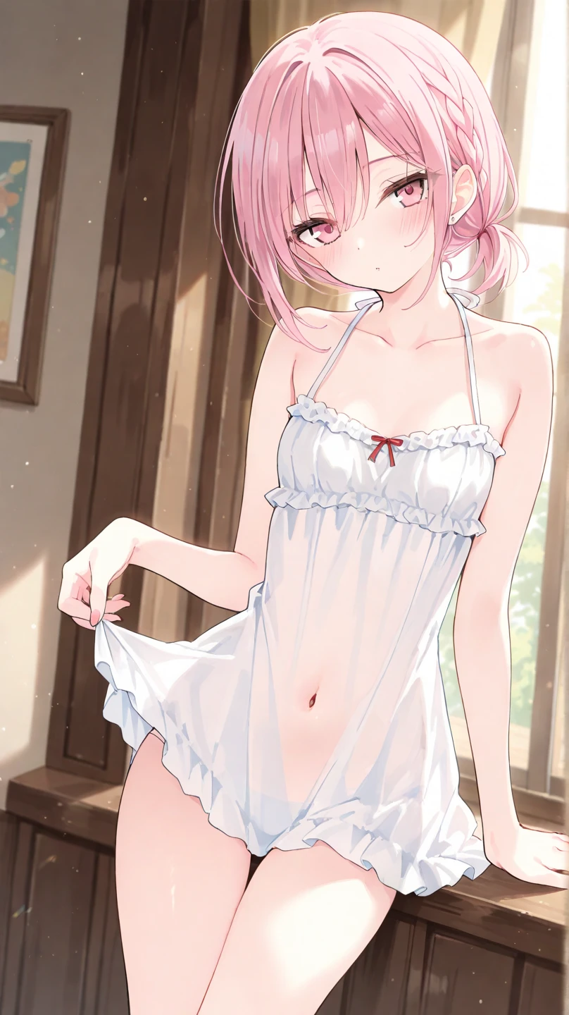 high quality、Ultra-high resolution、masterpieceのhigh qualityの壁紙、Attractive appearance、Blu-ray clarity、Full Body Shot、Full nudity、(From below:1.5)、(Depth Field:1.3)、 (最high qualityさん,See-through night dress, Big mouth, 8K, masterpiece:1.2, Browsing Caution ),cute,cute女の子,mesugaki,Beautiful Face,Beautiful Eyes,Beautiful Hair, Light pink hair,Colorful flowers bloom and cry out, Orgasm Expression,Toe cramps,Genital spasms,Upper eyelid adduction,Wet Skin,(((Red ribbon on head)))、(((Translucent white camisole)))、(((Hands behind your back)))、