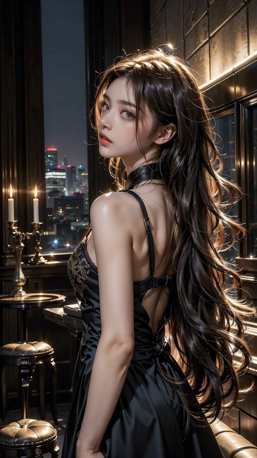 (32k:1.5, Highest quality, masterpiece, Ultra-high resolution), Professional camera work:1.6, Very detailedな肌と顔の質感:1.3, Enchantingな肖像画:1.3, Very accurate, Very detailed, 1 adult female, ((Amazing night view from the rooftop, The moonlight at night illuminates my body)), (Satin Nightgown:0.5), Incredibly slim body, Fair skin, elegant, Expressions of sadness, (Big eyes that exude beautiful eroticism:0.8, Sad expression:1.0, I love you with all my heart:0.8, Open your mouth a little, lipstick, Feel the beautiful eroticism:0.8), (Wet dark brown medium length hair), Candles, The chest is medium, Earrings, necklace, bracelet, Sensual sitting position, (romantic, dramatic, mysterious), Object of admiration, Format, Artistic, Innovative, Enchanting, Tilt, ((Adult charm, Feminine charm, Hair blowing in the wind))