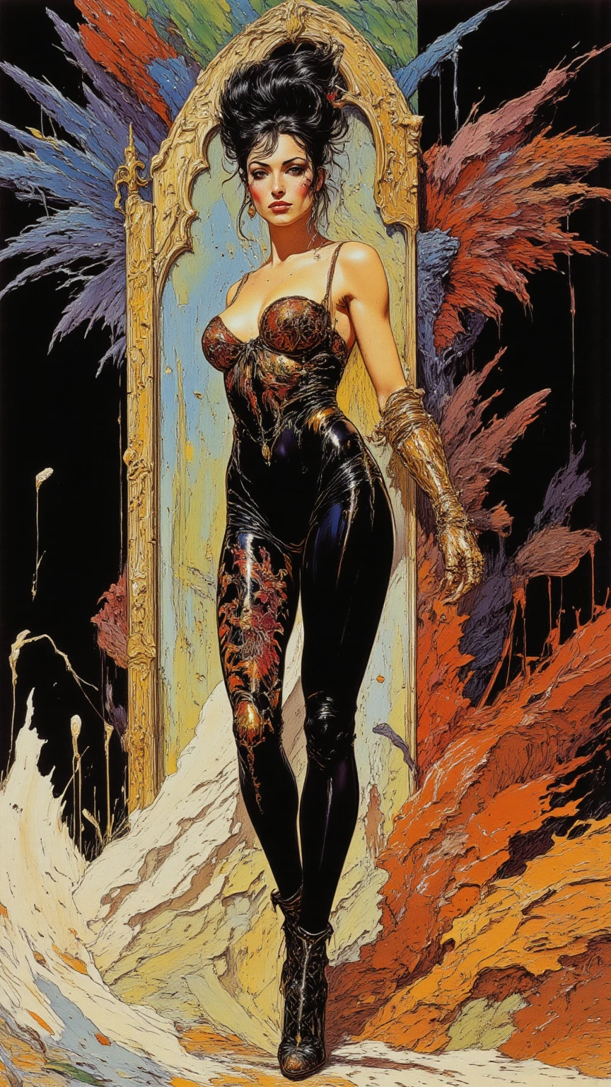 Chopped shot, a very sexy woman with metal wings, mechanical wings, flies over an impressive futuristic city.(art inspired in Bill Sienkiewicz). oil painting) 