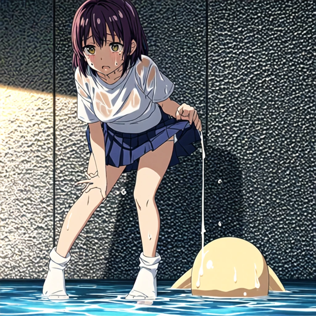 1girl, solo, black hair, short hair, black eyes, ,15years old, large Breasts, nsfw, nipple, naked, empty eyes ,Abandoned amusement park, frozen, Wet, crying ,, Naked, , (1girl) solo, Peeing, lactation, projectile lactation