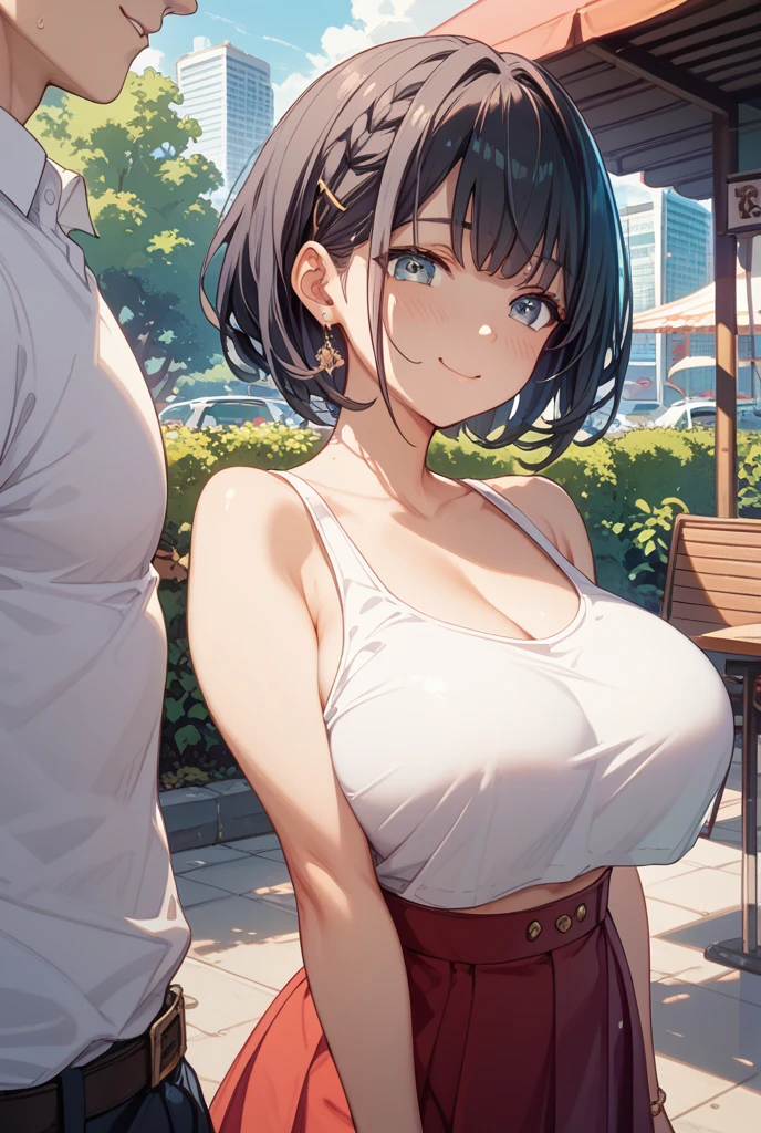 Downtown at night、Red Tank Top、Blue super short denim、Woman holding thumb、Big Breasts、Brown Hair、Brown Skin、Place your hand on your chest、Massage your own breasts