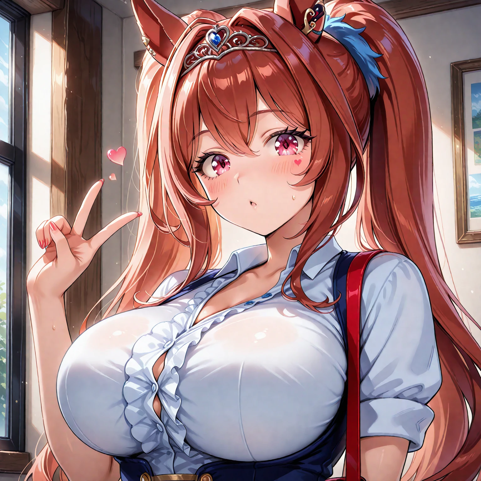 ​masterpiece, Best Quality，top-quality，{{{Daiwa Scarlet \Umamusume}}}，{{{Twin-tailed}}}，very long twintails，horse ear，Brown hair，tiarra，{{{Tiara on the head}}}，red blush，Red Eyes，Face in despair，Kamimei，Crying，Abundant tears，Open your mouth tremendously，{{{fullnude}}}，bare clavicle，Amazing big，Beautiful nipples，{{{{{{女の子1人}}}}}，{{{blow job}}}，Suck the penis deeply ，{{{Suck the penis deeply}}}，Face Focus，cum on facial，cum on facial