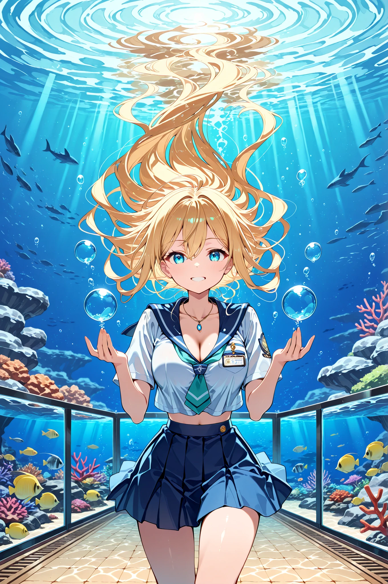 masterpiece, anime artwork, score_9_up, score_8_up, beautiful 20-year-old Japanese woman with wonder-filled anime features, enchanted discovery smile showing marine life fascination, from an angle capturing aquarium atmosphere during underwater ecosystem exploration BREAK (blonde hair:1.3) waist-length straight hair with golden sunshine coloring, hair catching underwater tank lighting beautifully, lustrous texture reflecting aquatic environment illumination BREAK ocean blue eyes with intricate kaleidoscopic sea wave patterns, aquatic depths with underwater light reflections, detailed iris featuring marine life mandala designs with coral reef effects BREAK aqua blue marine biologist uniform with detailed fabric construction, navy blue mini skirt with ocean wave patterns, educational name badge with aquarium credentials, marine life identification guide in hand BREAK upper body shot observing massive aquarium tank, fascinated marine enthusiast posture with educational materials, uniform revealing natural cleavage through professional neckline, passionate ocean conservation advocate attitude BREAK spectacular aquarium interior with floor-to-ceiling tank walls showing crystal clear water, tropical fish schools swimming in coordinated patterns, coral reef displays with vibrant ecosystem colors, interactive touch tanks with marine creature handling, educational plaques with detailed species information, underwater tunnel walkways with immersive ocean experience BREAK underwater lighting with blue-green oceanic tones, fish silhouette reflections creating dynamic movement, tank water refraction effects, multiple aquarium light sources enhancing marine depth, flat anime style with ocean conservation color palette and educational marine environment