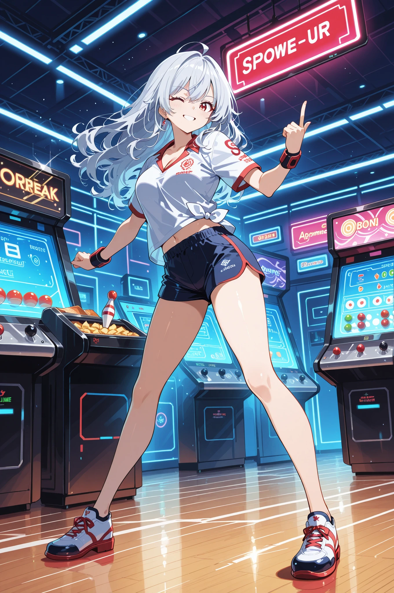 masterpiece, anime artwork, score_9_up, score_8_up, beautiful 20-year-old Japanese woman with competitive anime features, confident winking smile showing bowling prowess, from an angle capturing bowling alley atmosphere during perfect strike celebration BREAK (silver hair:1.3) shoulder-length wavy hair with metallic platinum sheen, dynamic styling with bowling motion movement, hair catching neon lane lighting dramatically BREAK ruby red eyes with intricate kaleidoscopic bowling pin patterns, competitive depths with strike light reflections, detailed iris featuring sports equipment mandala designs with victory celebration effects BREAK retro bowling shirt with vintage lane graphics, black mini shorts with athletic styling, specialized bowling shoes with advanced grip technology, wrist guard with professional bowling equipment BREAK upper body composition making victorious winking gesture, confident bowling champion posture after perfect strike, bowling shirt revealing natural cleavage through sports styling, accomplished athlete attitude BREAK classic bowling alley interior with polished wooden lanes showing detailed grain patterns, automatic pin-setting machinery with mechanical precision, neon lighting systems with colorful arcade atmosphere, scoring displays with digital readouts, shoe rental counter with organized size systems, snack bar with vintage bowling alley food service BREAK bright bowling alley lighting with neon color schemes, lane oil reflections creating glossy surface effects, pin collision light flashes, multiple arcade light sources enhancing recreational depth, flat anime style with retro bowling color palette and competitive sports environment
