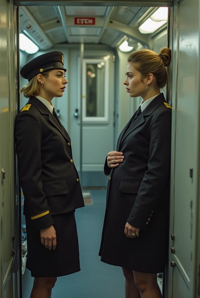 nsfw, (2 girls:1.2), ( freckles:0.8), perfect eyes, chestnut bun hair, Style-GravityMagic, upper body, (detailed background:1.2), detailed face, (dieselpunk, ww2 dieselpunk theme:1.1), ship captain, calm, orange admiral uniform, dynamic movement, in port, rigging, rail, ship wheel, island in background, overcast, (dramatic lighting:1.2), tense atmosphere, volumetric light, masterpiece, 8k, perfect lighting, (complimentary colors:1.2), (best quality:1.3), dramatic lighting, (intricate details:1.1), subsurface scattering, ultrarealistic,