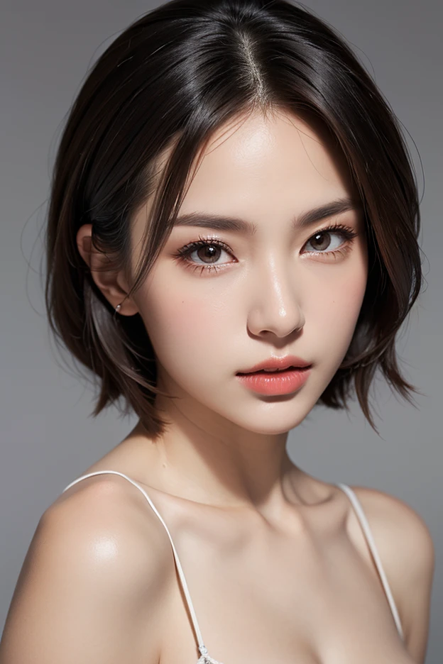 (NSFW), beautiful girl, brown eyes, ((beautiful slim teenage girl 18 year old, short hair color [Brown highlights hair], [undercut pixie] hair)), ((big tits)), lips, realistic, ((skinny body)), charming, pink lipstick, colorful makeup, long eyelashes, wearing eyeliner, fair skin, (cute), (detailed face), detailed eyes, detailed iris, complete naked, complete closed mouth,