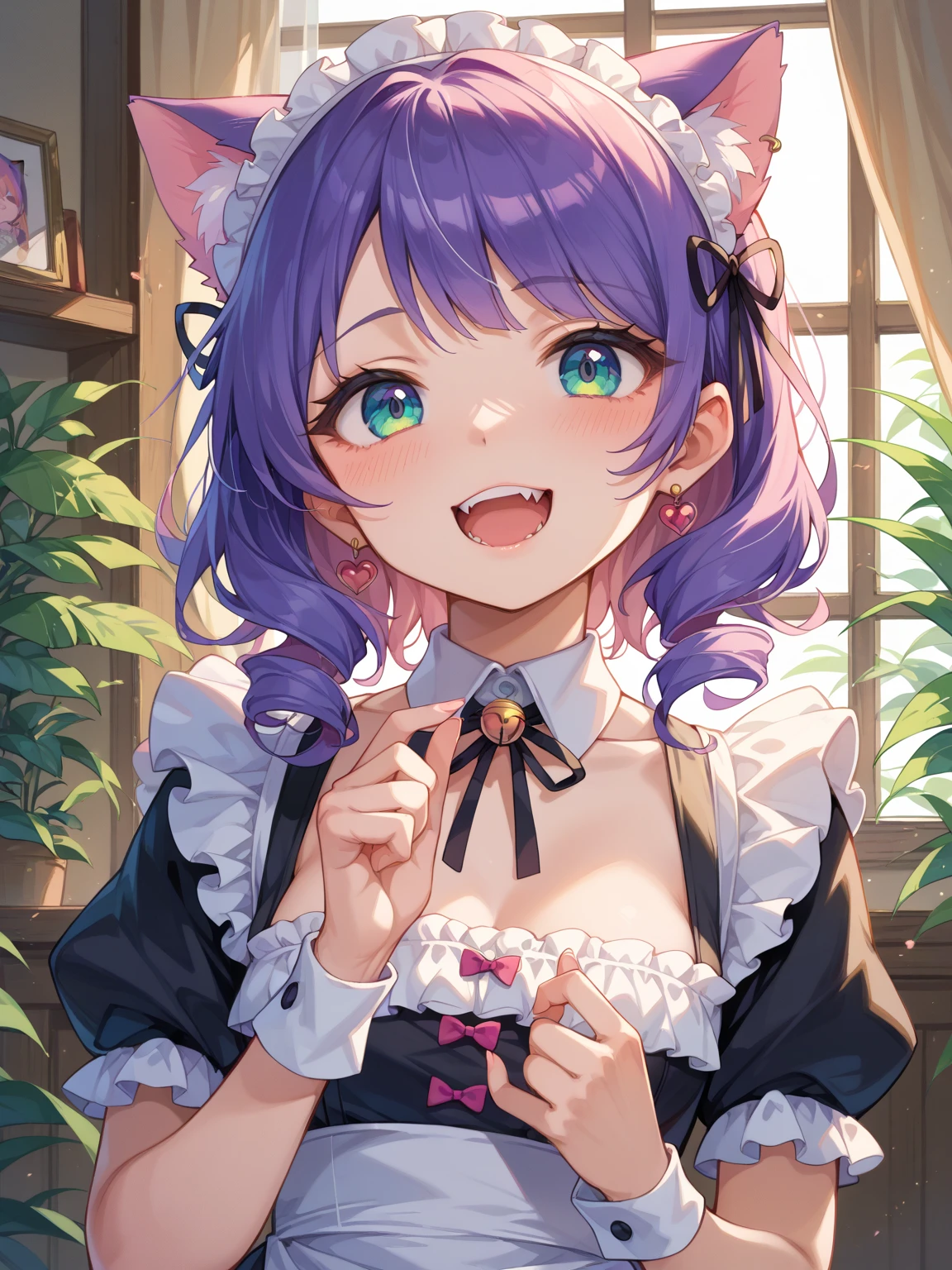 1girl, Blue eyes, Long Hair, Bangs, Purple Hair, Breasts, Smile, Blush, Light Smile, cat ears