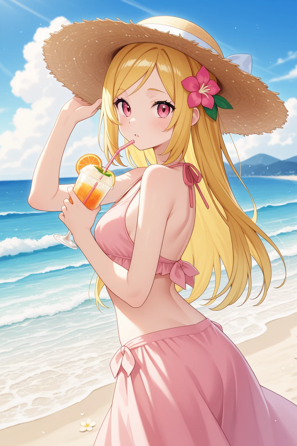 Absurd resolution, high resolution, (masterpiece:1.4), ultra-detailed, blonde naked woman in a pink hat holding a drink on a summer beach, (((naked))), (((NSFW))), (((sex))), (((no underwear))), (((show pussy))), (((bare pussy))), (((big breast))), candy girl, white tank top with a print, bubblegum body, 90s style, 9 0 s vibe, 🎀 🧟 🍓 🧚, in style of petra collins, 90s aesthetic, 9 0 s aesthetic, soda themed girl, wearing a cute top, y 2 k aesthetic
